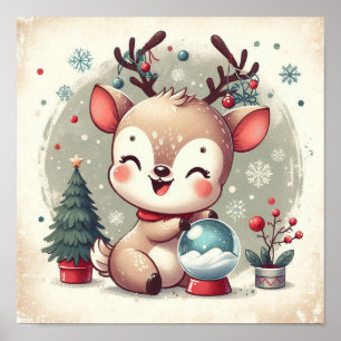 Cute Reindeer With Snowglobe Kids Room Wall Art