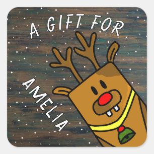 Cute Reindeer Wood Kid`s Name Christmas Gift Square Sticker