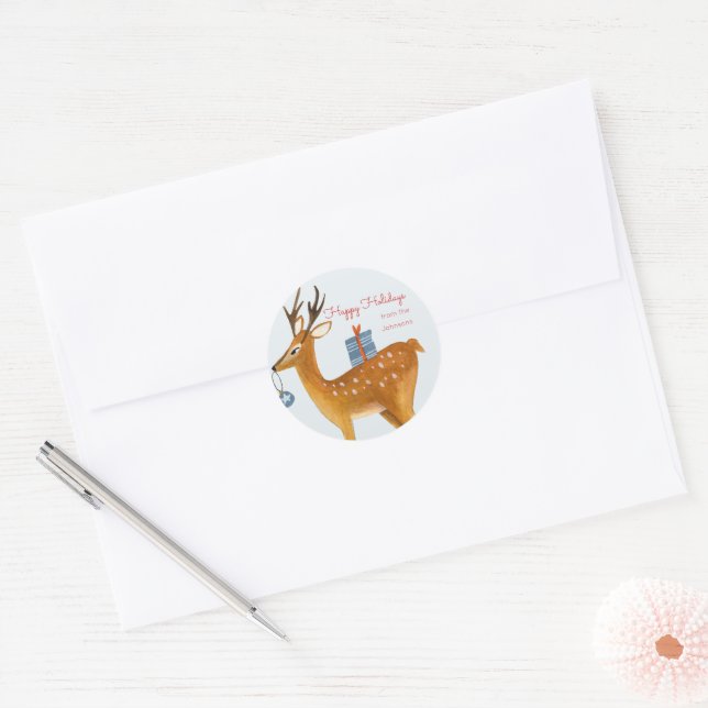Cute Reindeer Woodland Christmas Holiday Classic Round Sticker (Envelope)