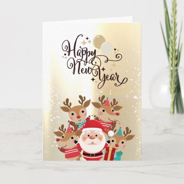 Cute Reindeers,Santa Claus Gold Holiday Card (Front)