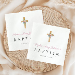 Cute Religious Pink Floral Cross Baptism  Napkin