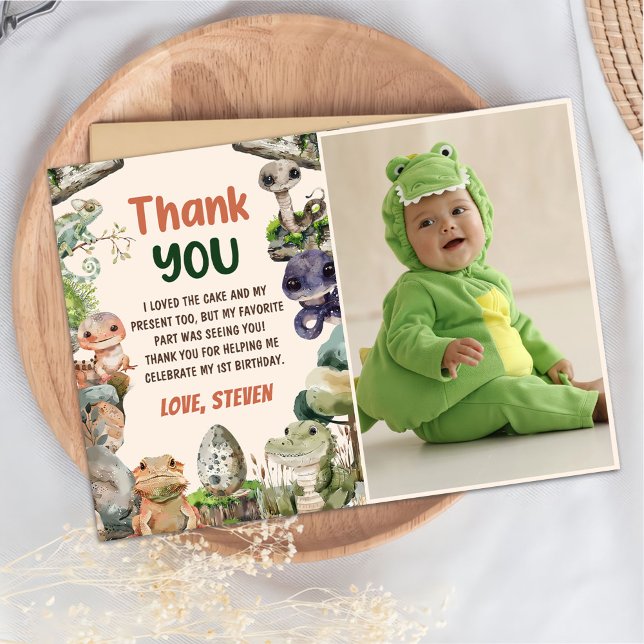 Cute Reptile Themed Kid's Birthday Party Photo Thank You Card (Creator Uploaded)