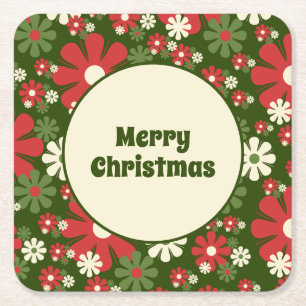 Cute Retro 60s 70s Floral Merry Christmas Square Paper Coaster