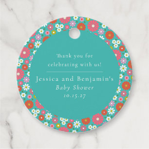 Cute Retro 60s Flower Turquoise Custom Baby Shower Favour Tags