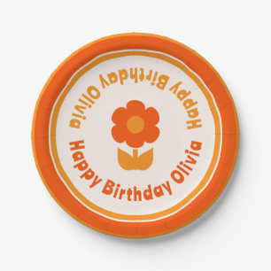 Cute Retro 70s Flower Happy Birthday Orange Paper Plate