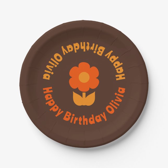 Cute Retro 70s Flower Orange Brown Birthday Paper Plate (Front)