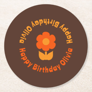 Cute Retro 70s Flower Orange Brown Birthday Round Paper Coaster