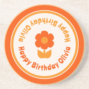 Cute Retro 70s Flower Orange Happy Birthday Coaster