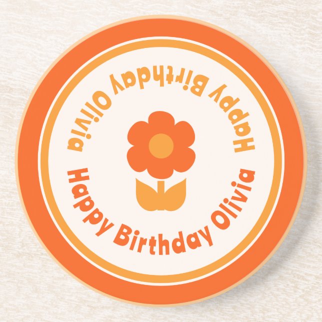 Cute Retro 70s Flower Orange Happy Birthday Coaster (Front)