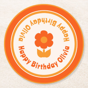 Cute Retro 70s Flower Orange Happy Birthday Round Paper Coaster