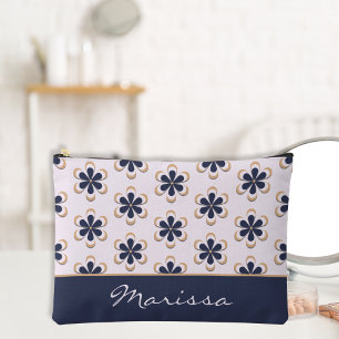 Cute Retro 70's Flower Power Navy-Barely Pink Accessory Pouch