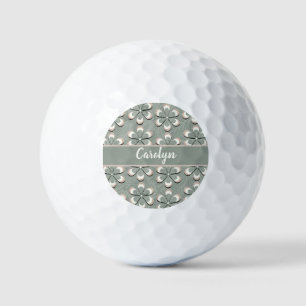 Cute Retro 70's Flower Power Sage Green-White-Tan Golf Balls