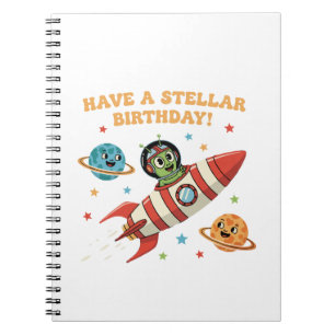 Cute Retro Alien in Rocket Ship Stellar Space Bi Notebook