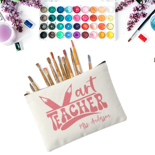 Cute Retro Art Teacher Ivory White Personalised Accessory Pouch (Creator Uploaded)