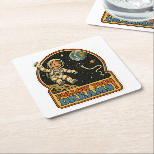 Cute Retro Astronaut Follow Your Dreams Space Meme Square Paper Coaster