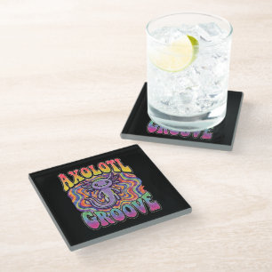 Cute Retro Axolotl Groove trippy 70 hippie rainbow Glass Coaster