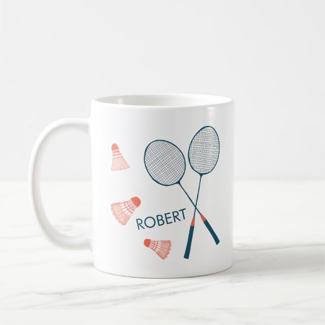 Cute Retro Badminton Birdie Racquet CUSTOM NAME Coffee Mug (Left)