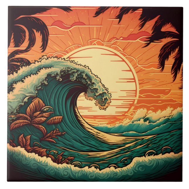 Cute retro beach house  ceramic tile (Front)