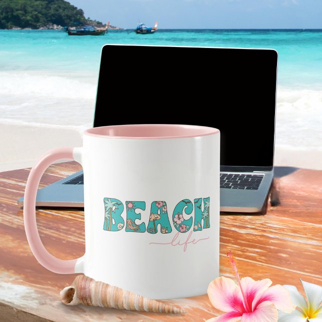 Cute Retro Beach Life Coffee Mug (The perfect coffee mug for remote work or a family vacation at a beachfront B & B.)