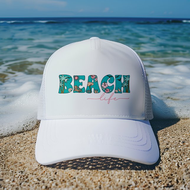 Cute Retro Beach Life  Trucker Hat (Cute retro-style hat for spring break, family vacations or days at the beach.)