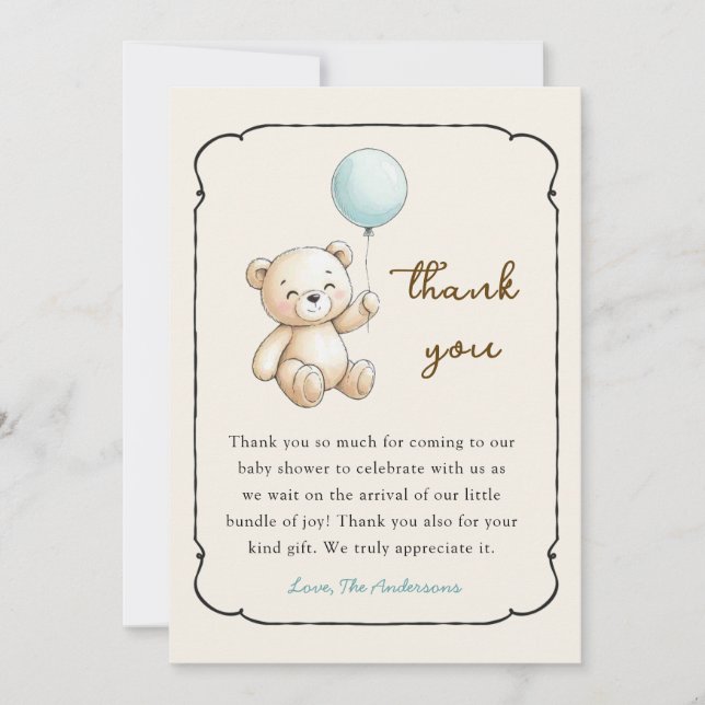Cute retro Bear Baby Boy shower Thank you card (Front)