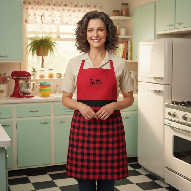Cute Retro Black and Red Buffalo Plaid Customized Apron (Retro black and red apron with custom name!)