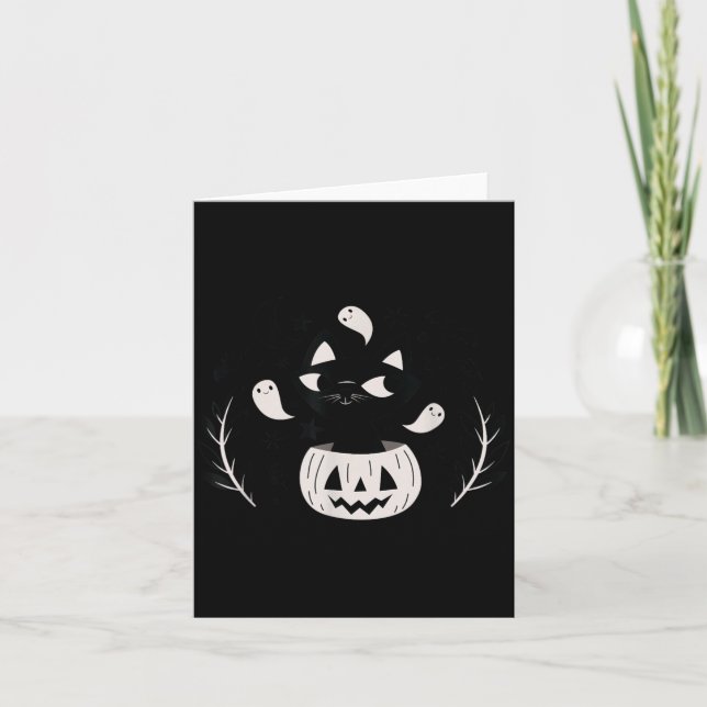 Cute Retro Black Cat Fall Halloween Card (Front)