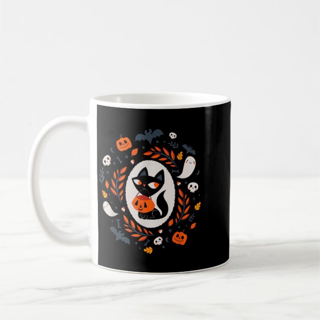 Cute Retro Black Cat Fall Halloween Coffee Mug (Left)
