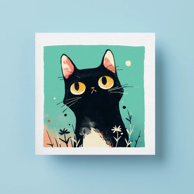 Cute Retro Black Cat on Blue Background Square Sticker (Creator Uploaded)
