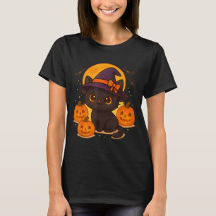 Cute Retro Black Cat Witch Pumpkin Halloween T-Shirt