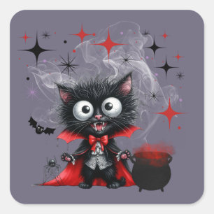 Cute Retro Black Witch Kitten Halloween Square Sticker