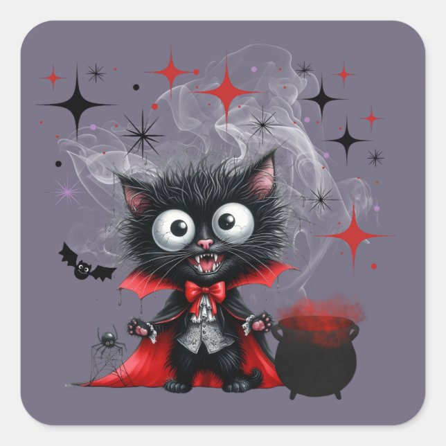 Cute Retro Black Witch Kitten Halloween Square Sticker (Front)