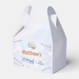 Cute Retro Blue Aeroplane 1st Birthday Favour Box