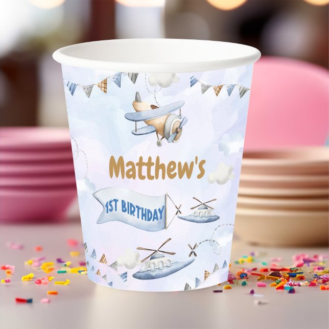 Cute Retro Blue Aeroplane 1st Birthday Paper Cups (Creator Uploaded)