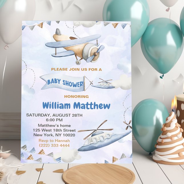 Cute Retro Blue Aeroplane Baby Shower Invitation (Creator Uploaded)