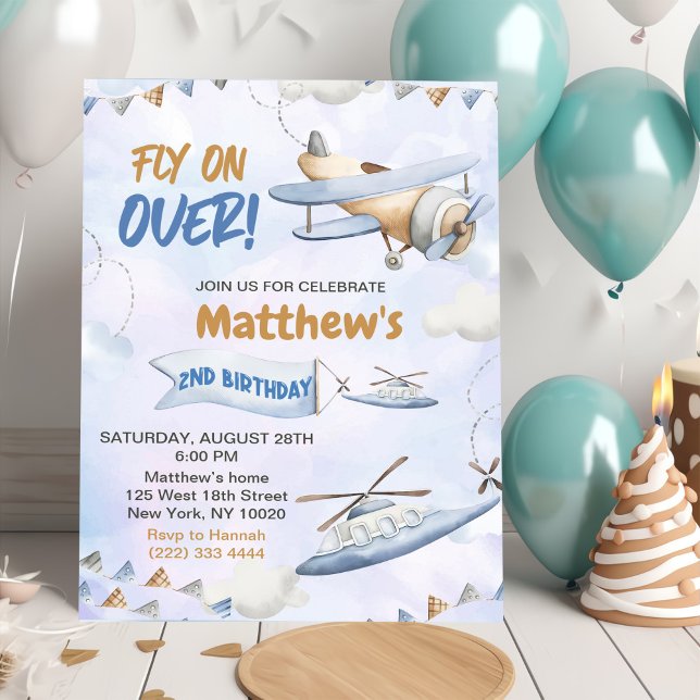 Cute Retro Blue Aeroplane Fly On Over 2nd Birthday Invitation (Creator Uploaded)