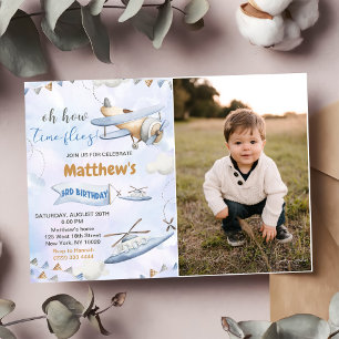 Cute Retro Blue Aeroplane Time Flies 3rd Birthday  Invitation