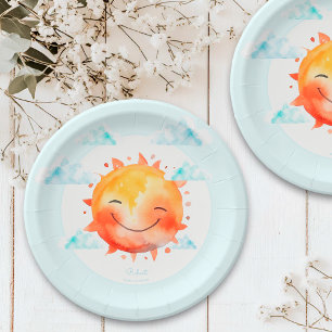 Cute Retro Blue Boho Flowers Sunshine Baby Shower Paper Plate