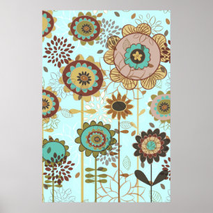 Cute retro blue, brown floral pattern custom poster