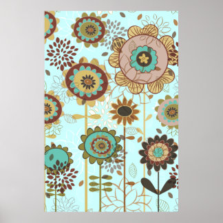 Cute retro blue, brown floral pattern custom poster