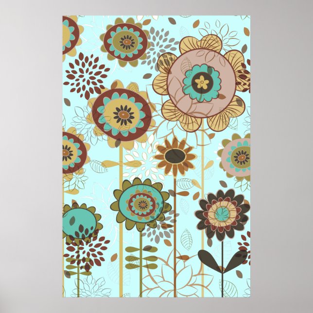 Cute retro blue, brown floral pattern custom poster (Front)