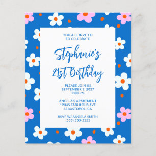 Cute Retro Blue Floral Bold 21st Birthday Flyer