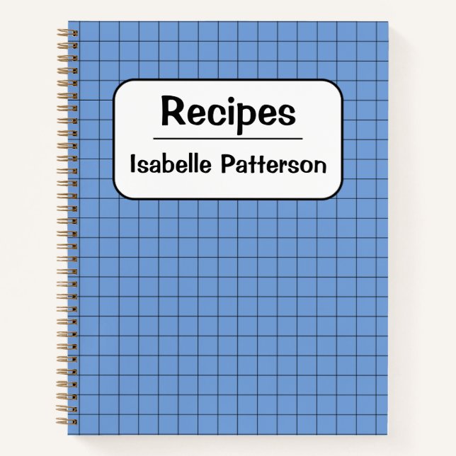 Cute Retro Blue Gingham Plaid Personalised Recipe Notebook (Front)