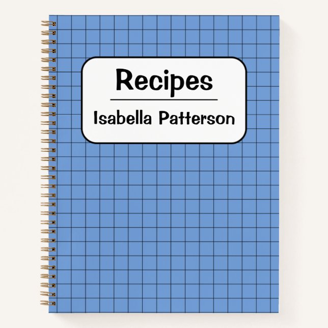 Cute Retro Blue Gingham Plaid Personalised Recipe  Notebook (Front)