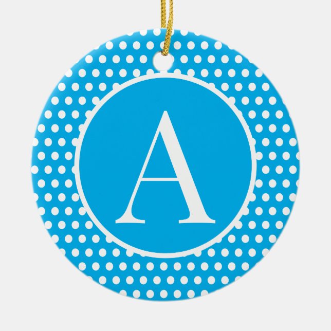 Cute Retro Blue initial letter Polka Dots Ceramic Ornament (Front)