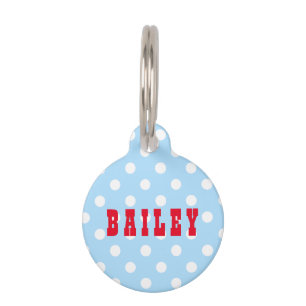 Cute Retro Blue Polka Dots Dog Pup Cat Kitty Name Pet Tag