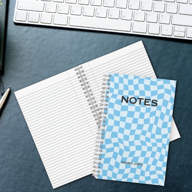 Cute Retro Blue Wavy Check Monogrammed Name Notebook (Creator Uploaded)