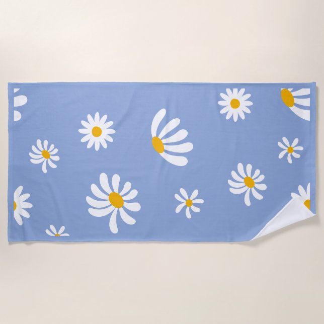 Cute Retro Blue Yellow Daisy Beach Towel (Front)