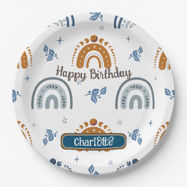 Cute Retro Boho Celestial Pattern Birthday Paper Plate (Front)