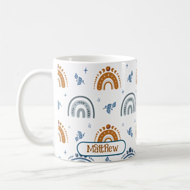 Cute Retro Boho Celestial Pattern Personalised Coffee Mug (Left)